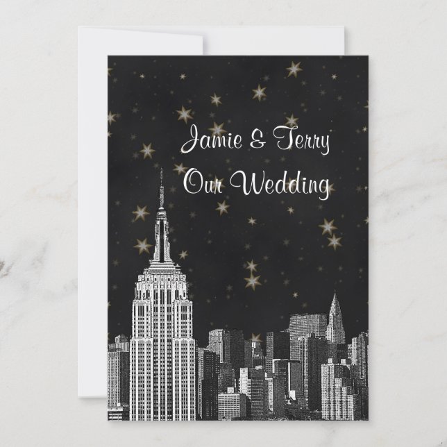 NYC ESB Skyline Etched Black Starry Wedding Invitation (Front)