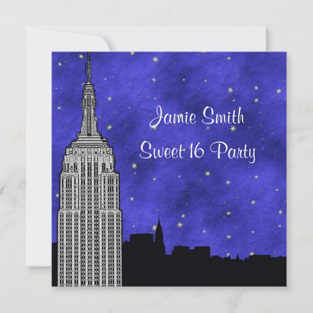 NYC ESB Skyline Silhouette Blue Starry BG Sweet 16 Invitation (Front)