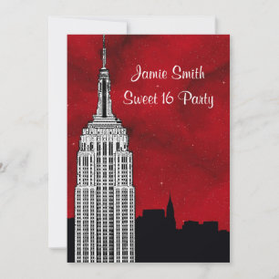 NYC ESB Skyline Silhouette Red Starry BG2 Sweet 16 Invitation