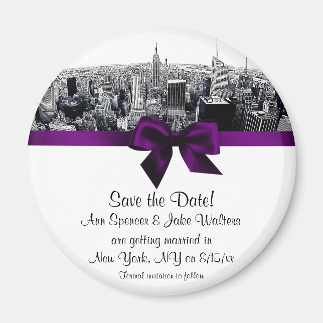 NYC Etched Fisheye Skyline BW Purp Save the Date R Magnet (Front)
