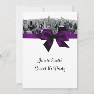 NYC Etched Fisheye Skyline BW Purple Sweet 16 Invitation