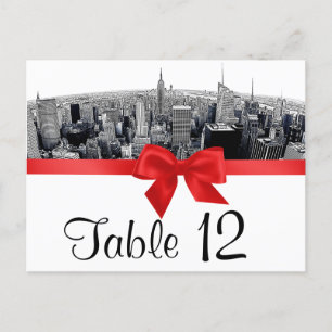NYC Etched Fisheye Skyline BW Red Table Number Postcard
