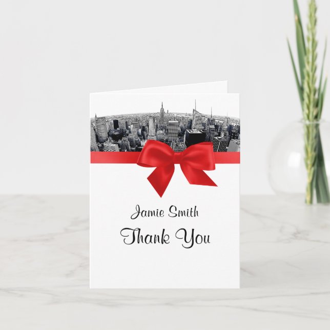 NYC Etched Fisheye Skyline BW Red Thank You Card (Front)