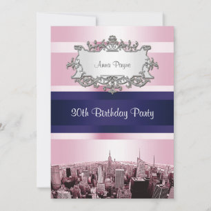 NYC Etched Skyline 2 Pink BG, Blue Ribbon Birthday Invitation