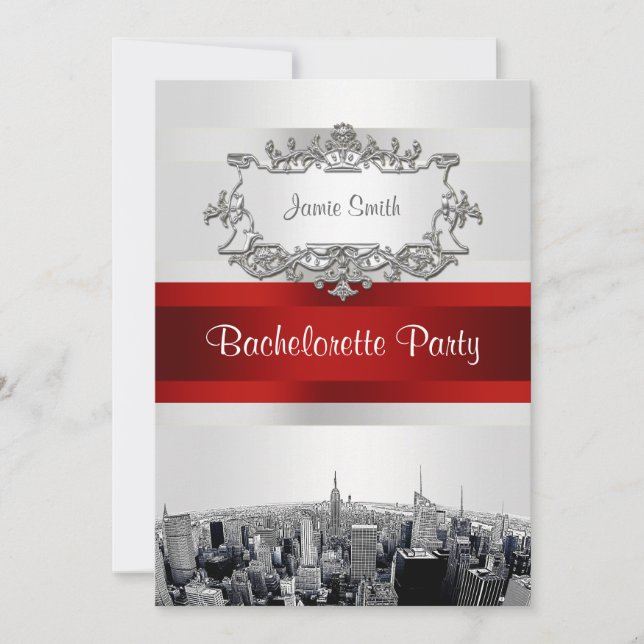 NYC Etched Skyline 2, White, Red Rbn Bachelorette Invitation (Front)