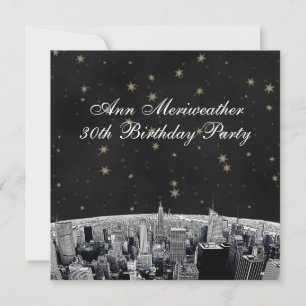 NYC Etched Skyline Black Gold Stars Birthday Invitation