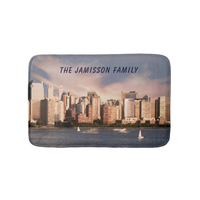 NYC Lower Manhattan Skyline with Personalised Name Bath Mat (Front)