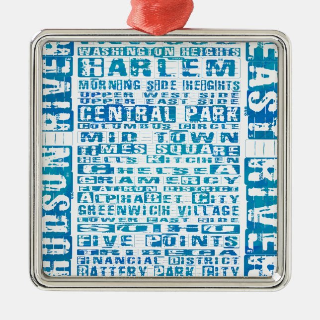 NYC Neighbourhoods Blue Metal Tree Decoration (Front)