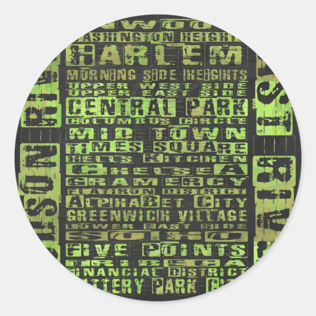 NYC Neighbourhoods Green Classic Round Sticker (Front)