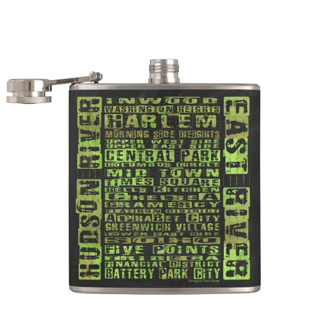 NYC Neighbourhoods Green Hip Flask (Opened)