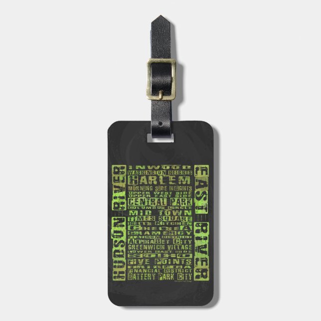 NYC Neighbourhoods Green Luggage Tag (Front Vertical)