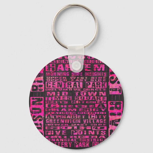 NYC Neighbourhoods Hot Pink Key Ring (Front)