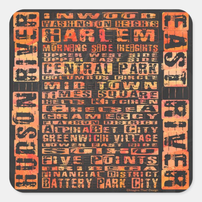 NYC Neighbourhoods Orange Square Sticker (Front)