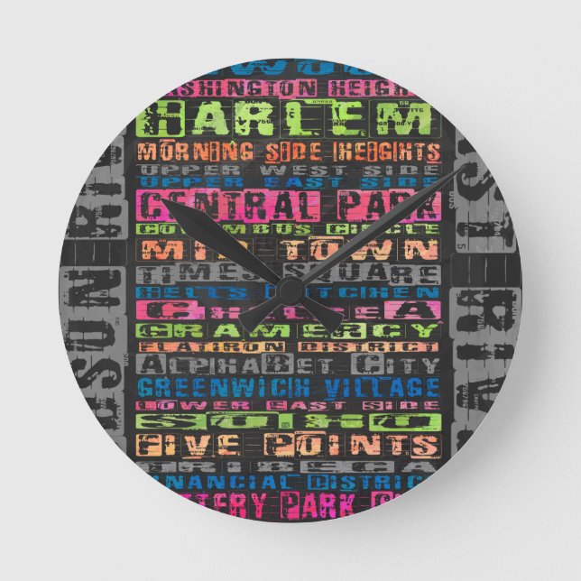 NYC Neighbourhoods Rainbow Round Clock (Front)