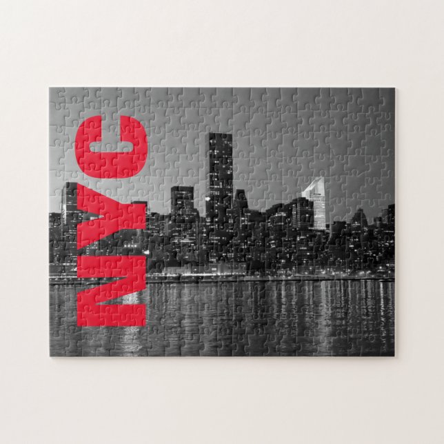 NYC New York City Manhattan Night Black White Jigsaw Puzzle (Horizontal)
