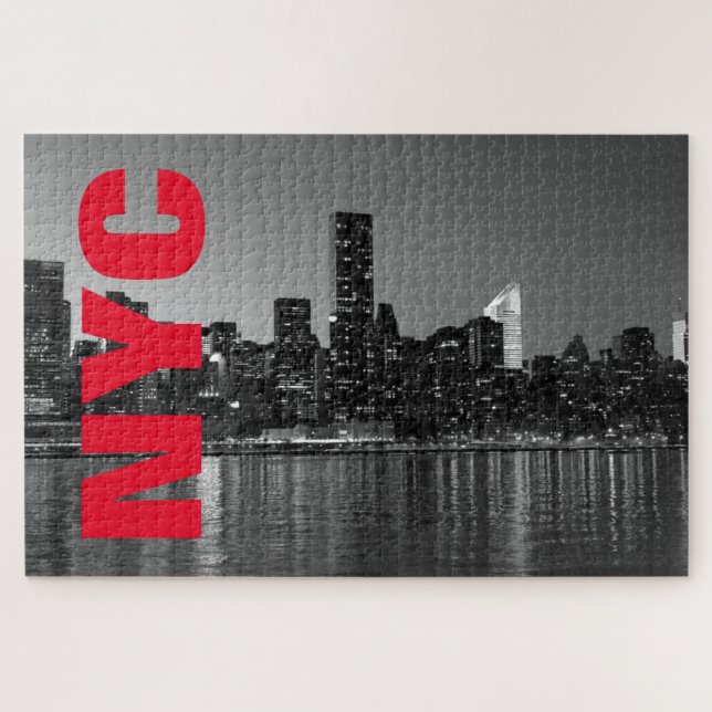 NYC New York City Manhattan Night Black White Jigsaw Puzzle (Horizontal)