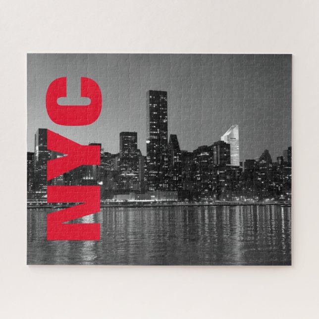NYC New York City Manhattan Night Black White Jigsaw Puzzle (Horizontal)