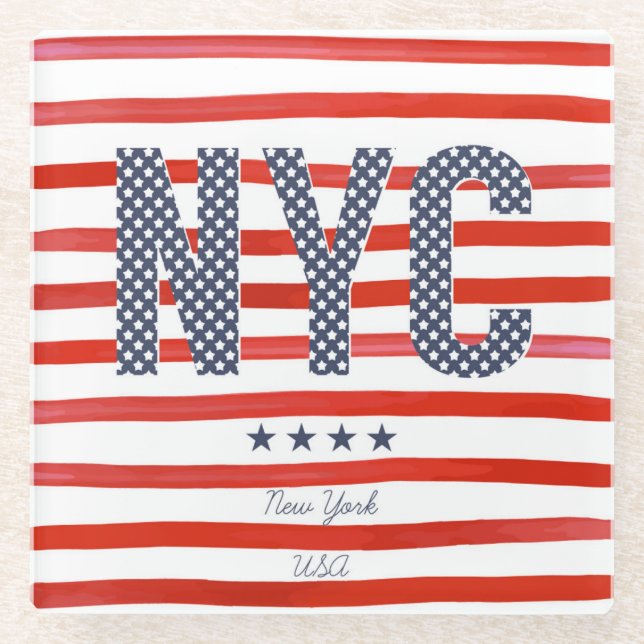 NYC | Red, White & Blue Design Glass Coaster (Front)