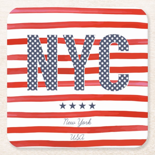 NYC | Red, White & Blue Design Square Paper Coaster (Front)