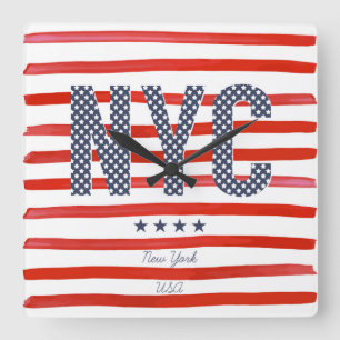 NYC Red, White & Blue Design Square Wall Clock