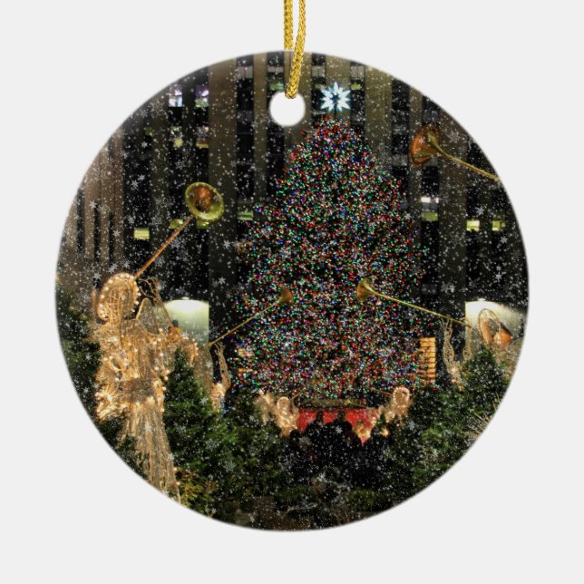 NYC Rockefeller Centre Xmas Tree Falling Snow Ceramic Tree Decoration (Front)