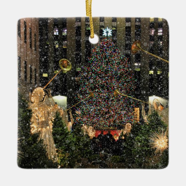 NYC Rockefeller Centre Xmas Tree Falling Snow Ceramic Tree Decoration (Front)