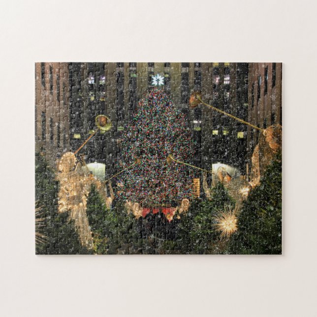 NYC Rockefeller Centre Xmas Tree Falling Snow Jigsaw Puzzle (Horizontal)