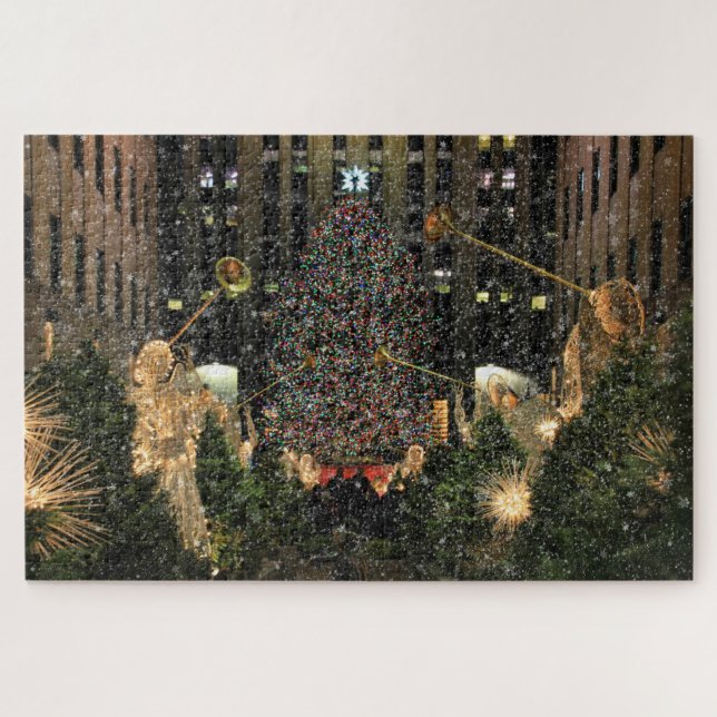 NYC Rockefeller Centre Xmas Tree Falling Snow Jigsaw Puzzle (Horizontal)