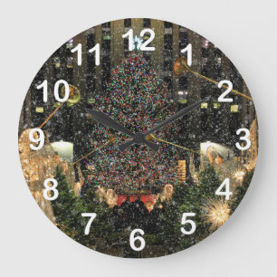 NYC Rockefeller Centre Xmas Tree Falling Snow Large Clock