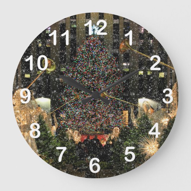 NYC Rockefeller Centre Xmas Tree Falling Snow Large Clock (Front)