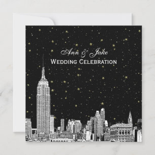 NYC Skyline 01 Etch Starry DIY BG Colour SQ Weddin Invitation