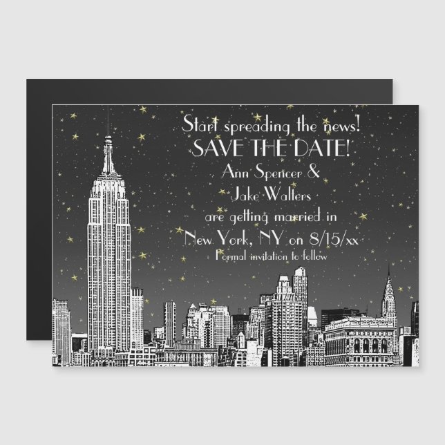 NYC Skyline 01 Etched Black Starry Save the Date Magnetic Invitation (Front/Back)