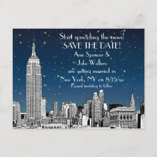 NYC Skyline 01 Etched Blue Starry Save the Date Announcement Postcard