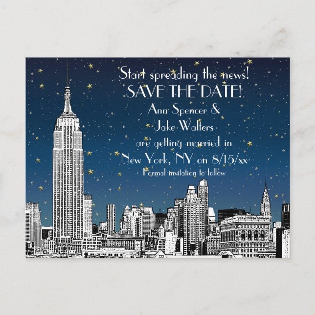 NYC Skyline 01 Etched Blue Starry Save the Date Announcement Postcard (Front)