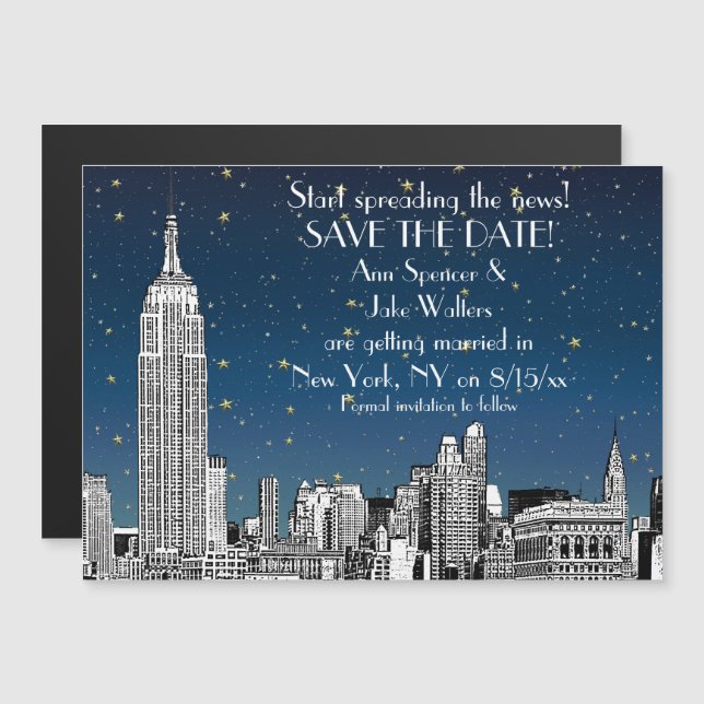 NYC Skyline 01 Etched Blue Starry Save the Date Magnetic Invitation (Front/Back)