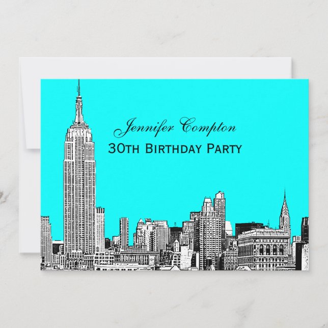 NYC Skyline 01 Etched DIY BG Colour Birthday Party Invitation (Front)