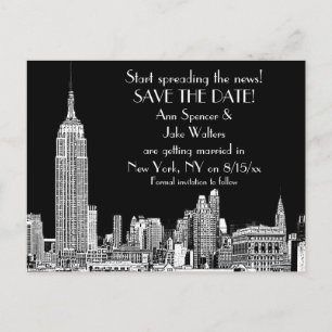 NYC Skyline 01 Etched DIY BG Colour Save the Date Announcement Postcard