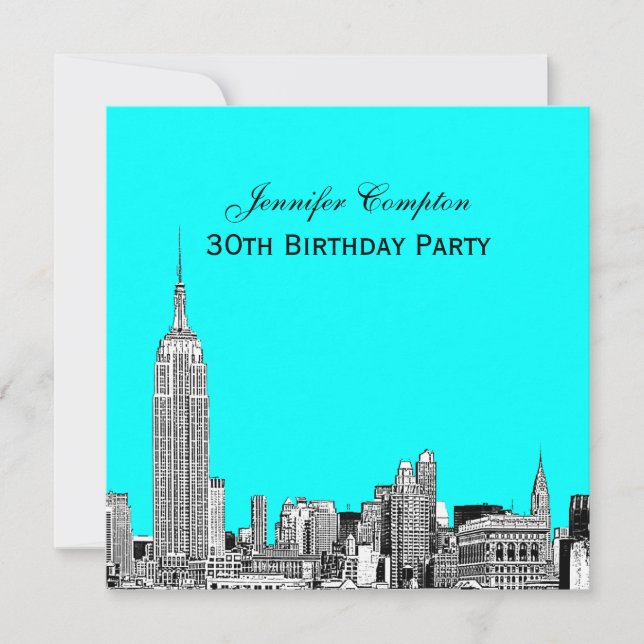NYC Skyline 01 Etched DIY BG Colour SQ Birthday Pt Invitation (Front)