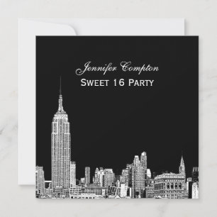 NYC Skyline 01 Etched DIY BG Colour SQ Sweet 16 Invitation