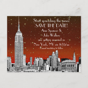 NYC Skyline 01 Etched Red Starry Save the Date Announcement Postcard
