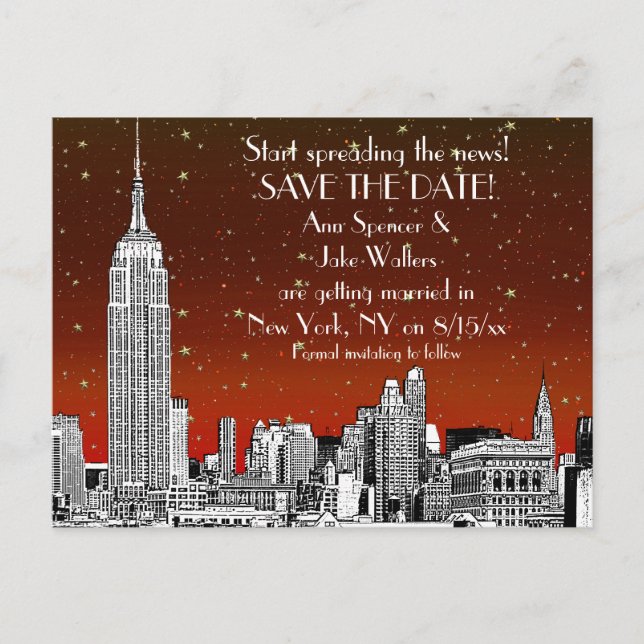 NYC Skyline 01 Etched Red Starry Save the Date Announcement Postcard (Front)