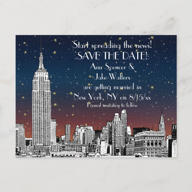 NYC Skyline 01 Etched Sunset Starry Save the Date Announcement Postcard (Front)