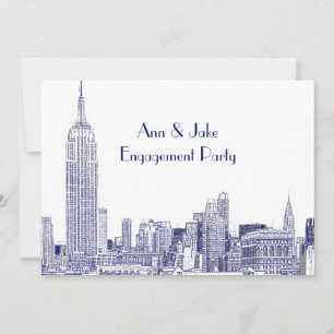 NYC Skyline 01 Etched Wht Engagement Party Blue Invitation