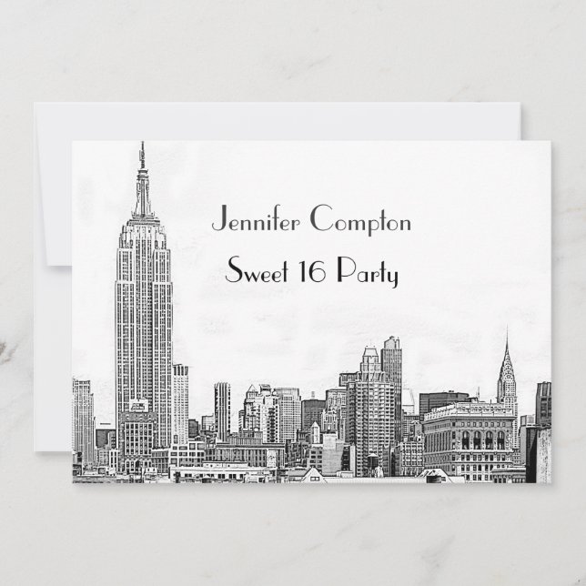 NYC Skyline 01 Etched Wht Sweet 16 Party Invitation (Front)
