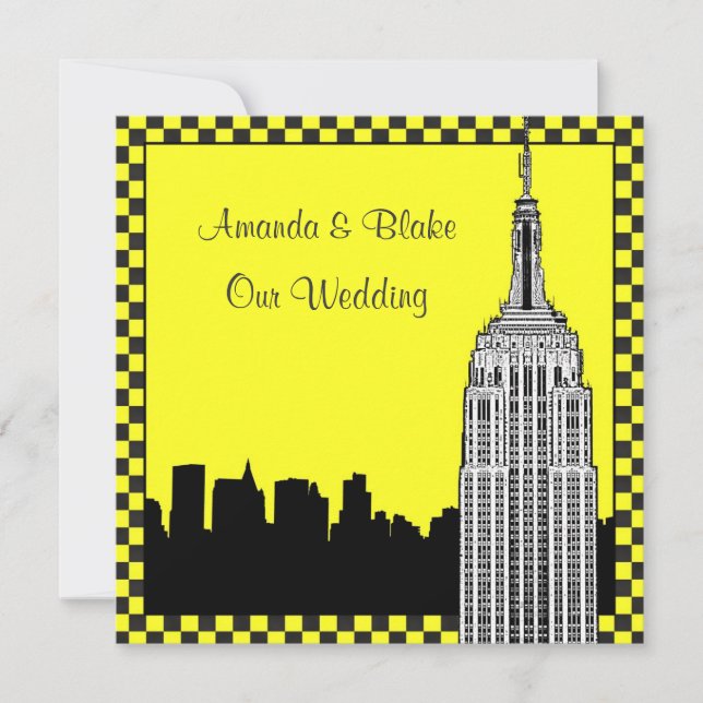 NYC Skyline 2 Etched ESB Chequered Taxi Wedding Invitation (Front)