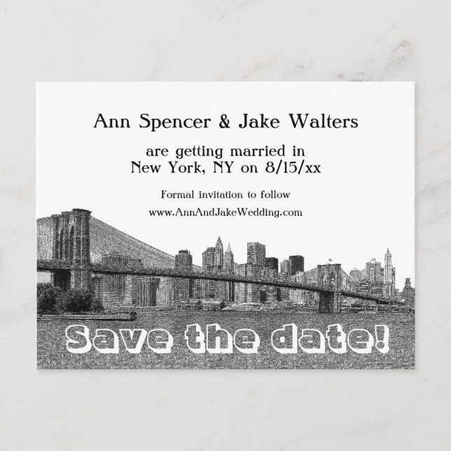 NYC Skyline Bklyn Bridge Etched Save the Date #2 Announcement Postcard (Front)