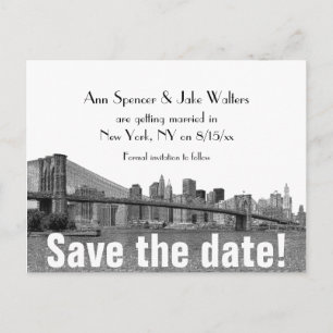 NYC Skyline Bklyn Bridge Etched Save the Date Announcement Postcard