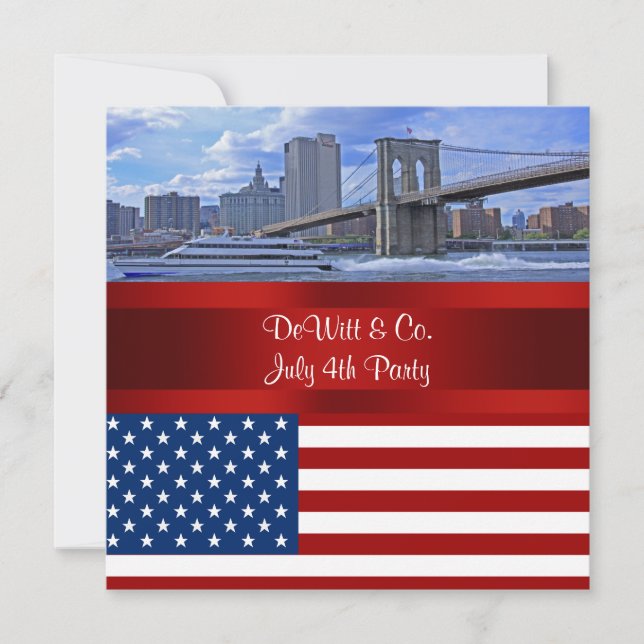 NYC Skyline Bklyn Bridge USA Flag Red W Blue Party Invitation (Front)