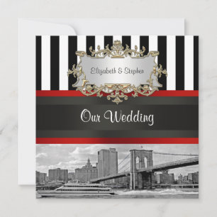 NYC Skyline Brooklyn Bridge Blk White Wedding Invitation