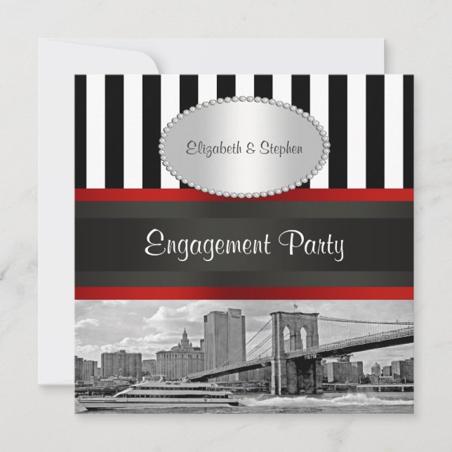 NYC Skyline Brooklyn Bridge Blk Wht P2 Engagement Invitation (Front)